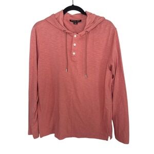 Michael Kors Men's Coral Pink Slub Cotton Henley Hoodie Long Sleeve Shirt Medium